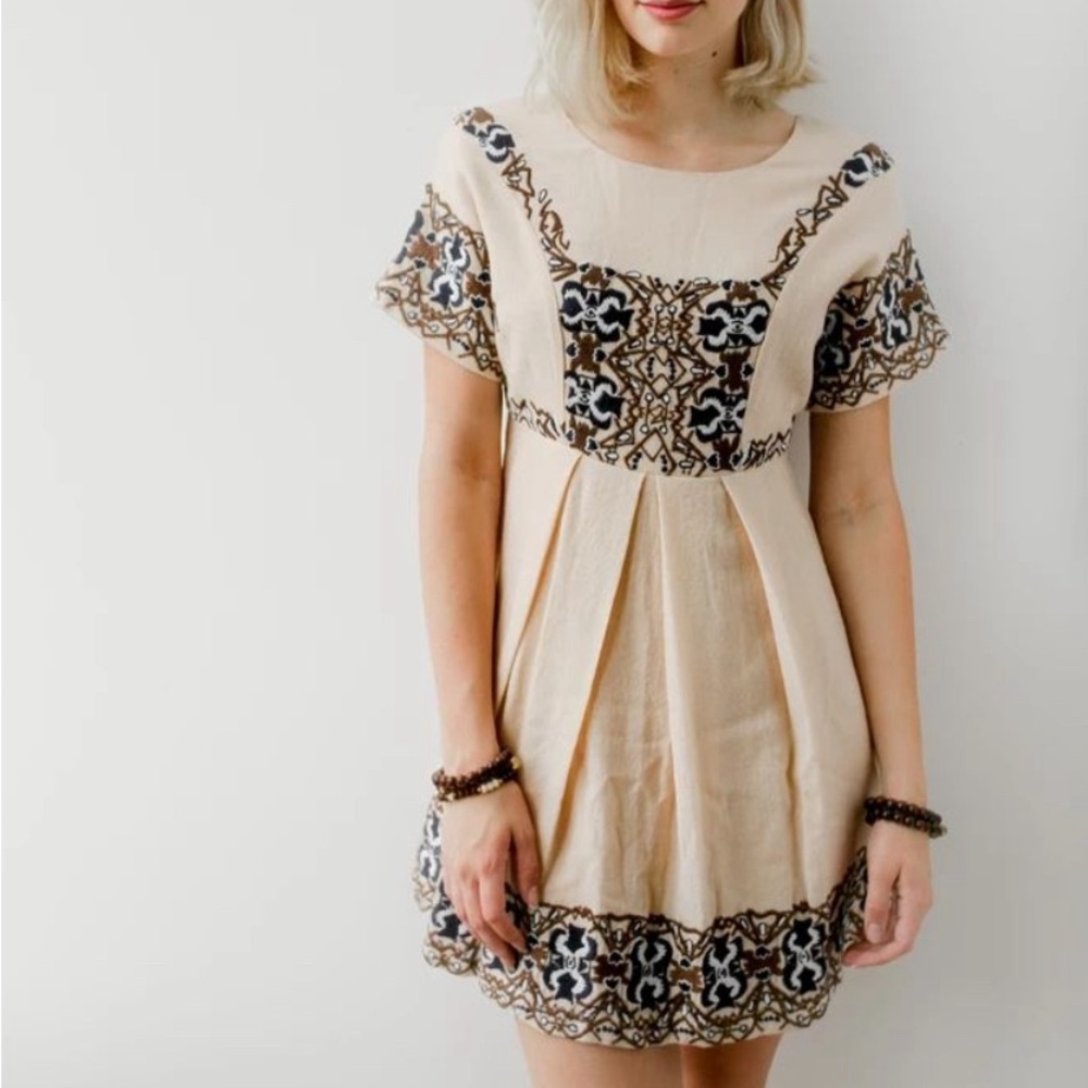 Anthropologie Cream Dress with Blue and Black Design